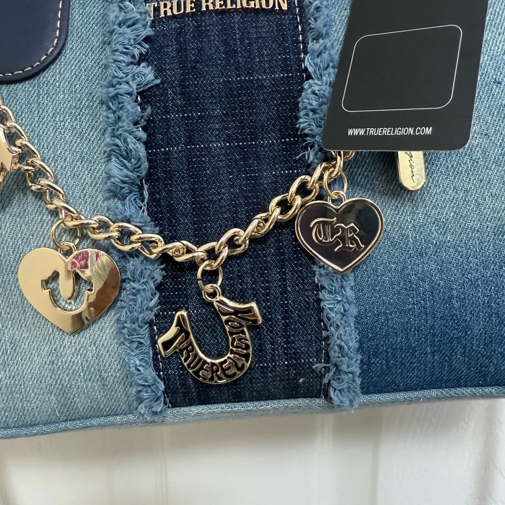 NWT True Religion Blue Denim Distressed Patch Satchel Crossbody Handbag Charms - Picture 5 of 6